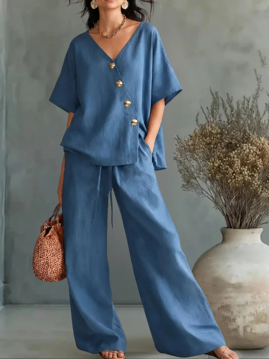 Simona | Conjunto Blusa Cuello V y Pantalón Palazzo