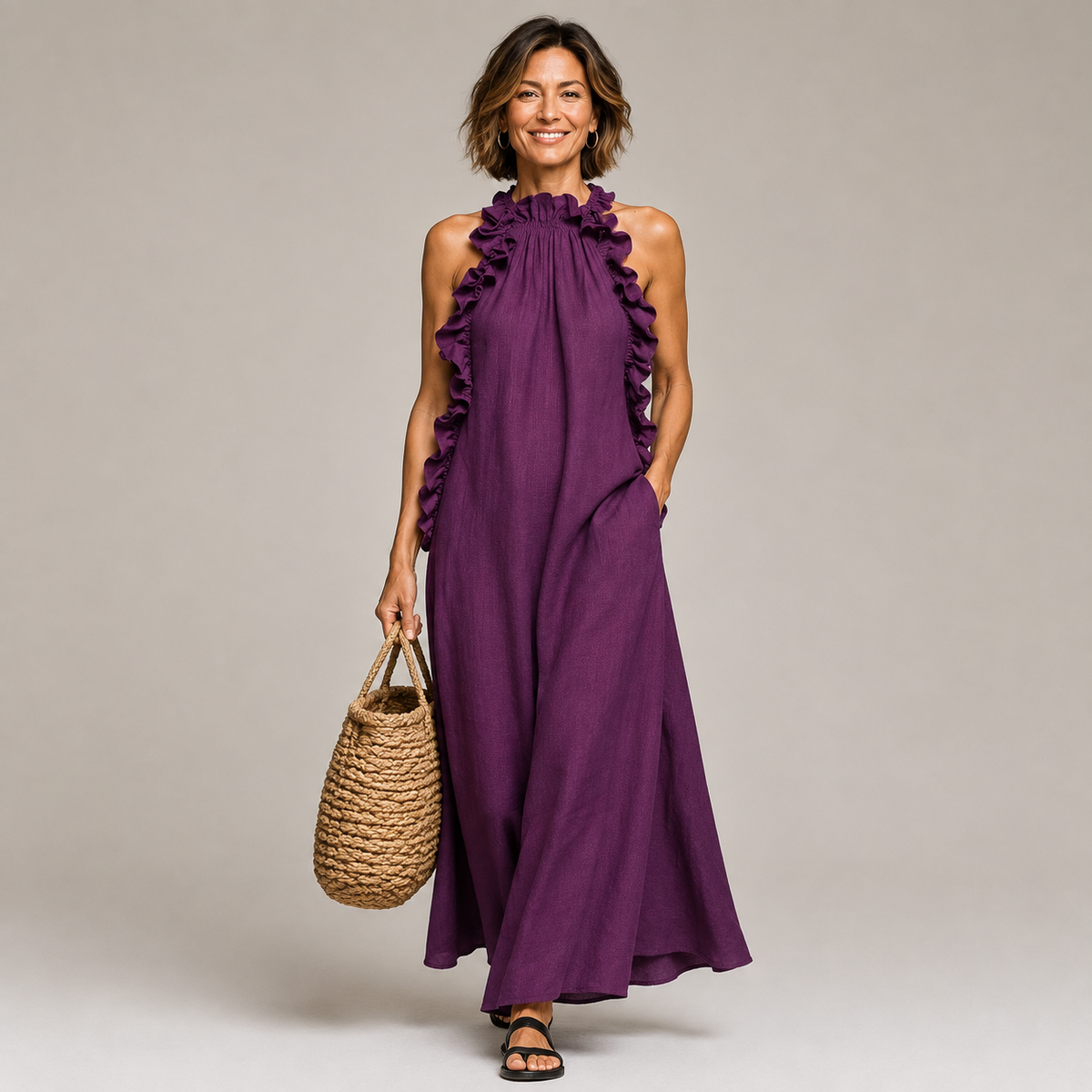 Obdulia | Vestido Maxi con Volados y Cuello Halter