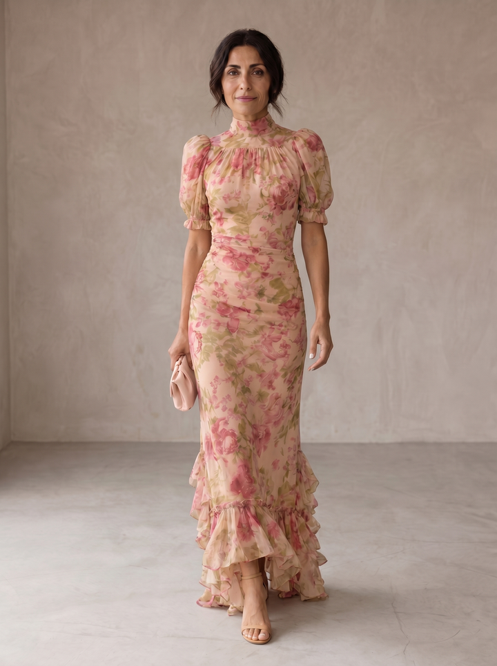 Delaney | Vestido largo de gasa con flores en acuarela