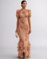 Delaney | Vestido largo de gasa con flores en acuarela