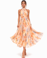 Zahra | Vestido maxi halter con estampado en acuarela