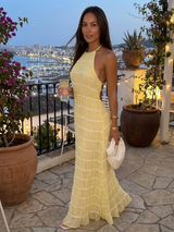 Rosa | Vestido maxi halter con volantes escalonados