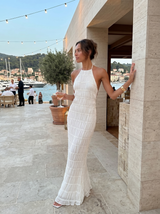 Rosa | Vestido maxi halter con volantes escalonados