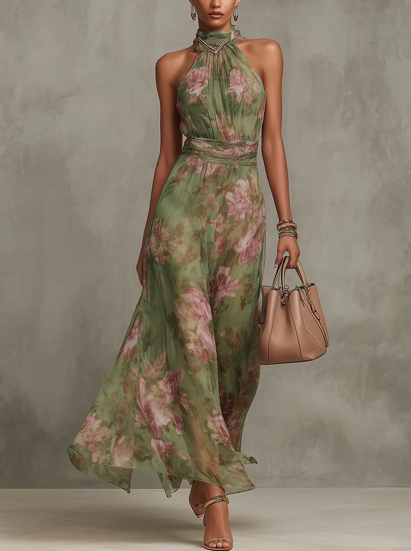 Patricia | Vestido maxi halter floral en acuarela