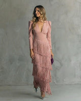 Kristine | Vestido midi con mangas de flecos