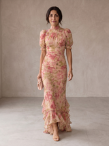 Delaney | Vestido largo de gasa con flores en acuarela