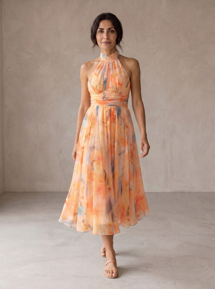 Zahra | Vestido maxi halter con estampado en acuarela