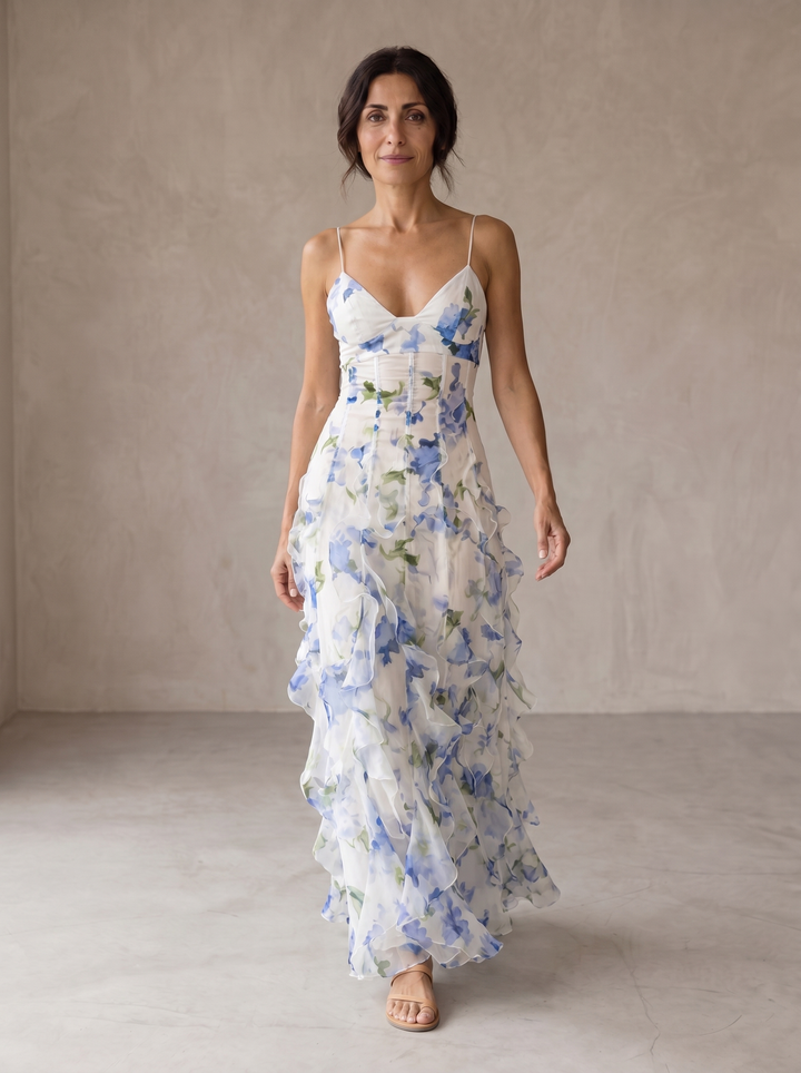 Kesia | Vestido midi floral con detalles fruncidos