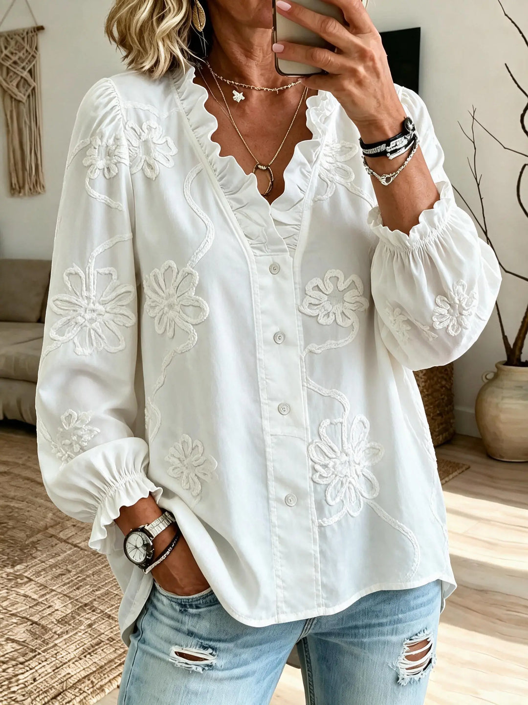 Janire | Blusa Algodón Bordada con Volantes